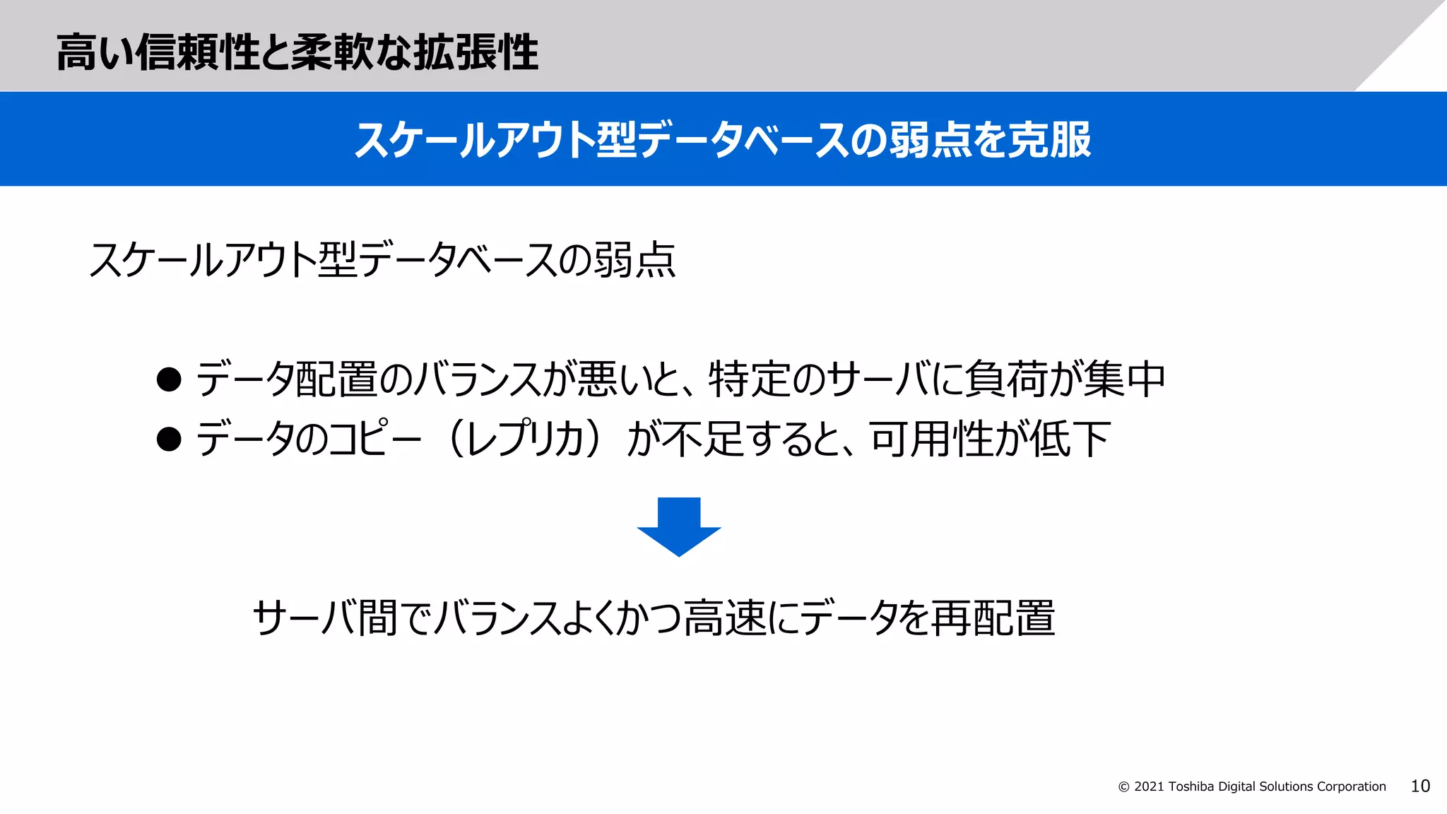 10
© 2021 Toshiba Digital Solutions Corporation
高い信頼性と柔軟な拡張性
スケールアウト型データベースの弱点を克服
スケールアウト型データベースの弱点
 データ配置のバランスが悪いと、特定のサーバに負荷が集中
 データのコピー（レプリカ）が不足すると、可用性が低下
サーバ間でバランスよくかつ高速にデータを再配置
 