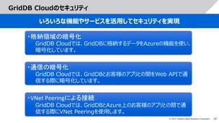 19
© 2021 Toshiba Digital Solutions Corporation
GridDB Cloudのセキュリティ
いろいろな機能やサービスを活用してセキュリティを実現
・通信の暗号化
GridDB Cloudでは、GridDBとお客様のアプリとの間をWeb APIで通
信する際に暗号化しています。
・格納領域の暗号化
GridDB Cloudでは、GridDBに格納するデータをAzureの機能を使い、
暗号化しています。
・VNet Peeringによる接続
GridDB Cloudでは、GridDBとAzure上のお客様のアプリとの間で通
信する際にVNet Peeringを使用します。
 