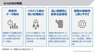 4
© 2021 Toshiba Digital Solutions Corporation
GridDBの特長
時系列
データ指向
高頻度で大規模な時系
列データを効率よくリアル
タイム処理する時系列
データ指向
高い信頼性と
柔軟な拡張性
障害の発生時やサーバ
増設においてもノンストッ
プ運用を実現する高い信
頼性と柔軟な拡張性
ペタバイト級の
高い処理能力
ペタバイト規模のデータを
扱うためにさまざまな工夫
を組み込み、高い処理能
力を実現
開発の俊敏性
と使いやすさ
NoSQLインターフェースだ
けではなく、SQLインタ
フェースを用意し、開発の
俊敏性と使いやすさを実
現
時系列データ：時間とともに変化するデータ
 