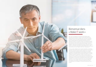 Nous vivons une époque où l’innovation technologique atteint
des niveaux sans précédent, tant dans la sphère grand public que
professionnelle. Qui aurait pu imaginer avoir une montre connectée
au poignet moins de 10 ans après l’arrivée des premiers smartphones ?
De ces nouveaux appareils à l’avènement des objets connectés
(Internet des objets), ces innovations offrent aux entreprises de toutes
tailles des opportunités inédites pour renforcer leur activité et stimuler
leur croissance. Les DSI voient, à raison, les technologies comme un
catalyseur d’efficacité et de productivité. Mais leur mise en œuvre pose
des défis – surtout pour les moyennes et grandes entreprises – pour
qu’elles restent faciles à administrer à grande échelle tout en garantissant
une expérience connectée fiable et sûre à leurs collaborateurs.
Comme si cela ne suffisait pas, les DSI doivent répondre aux exigences
du conseil d’administration et des salariés qui peinent à suivre le rythme
effréné de la révolution digitale actuelle. Sachant que les nouvelles
technologies offrent davantage de fonctionnalités et de nouvelles
possibilités, les salariés demandent plus de souplesse dans le choix des
appareils qu’ils souhaitent utiliser et la façon de les utiliser. Ces souhaits
accélèrent l’arrivée de la génération Z dans le monde du travail. Le
public d’utilisateur s’attend à ce que l’infrastructure informatique soit
entièrement connectée de sorte à permettre à tous les points de contact
technologiques d’interagir dans l’ensemble des services et des sites de
l’entreprise, ce qui n’est pas une tâche facile. De son côté, la direction
attend de voir une corrélation directe entre la hausse des dépenses
informatiques et les résultats commerciaux, faisant ainsi du retour
sur investissement une obligation, en plus de la productivité et de la
sécurité.
Toshiba | Make IT work 3
Bienvenue dans
« Make IT work »
 