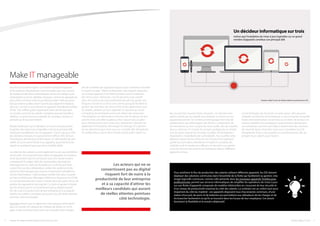Les DSI sont amenés à gérer un nombre croissant d’appareils
et de systèmes d’exploitation. Dans l’enquête que nous venons
de réaliser, les décideurs informatiques senior ont indiqué qu’ils
s’attendaient à voir les tablettes s’imposer comme les appareils les
plus utilisés à l’avenir à des fins professionnelles.1
66% du panel
français estime qu’elles seront l’outil le plus largement répandu
dans les 5 années à venir, devant les appareils hybrides/amovibles
(47%).1
Des chiffres guère surprenants étant donné que dans
ce monde connecté, les salariés souhaitent pouvoir travailler à
distance, ce qui les pousse à adopter les nouveaux services et
produits qui le leur permettent.
L’étude révèle aussi qu’un décideur sur trois en Europe pointe
la gestion des mises à jour logicielles comme le principal défi
induit par la prolifération de ces appareils.1
C’est le cas pour 23%
des décideurs français, et respectivement 39% et 36% de leurs
homologues allemands et britanniques. Un défi doublé de celui
d’offrir un accès aisé et fluide à ces appareils, quand et là où les
salariés le souhaitent quel que soit le modèle utilisé.
Les attentes des salariés ouvrent également la voie aux problèmes
de sécurité : s’ils ne peuvent pas utiliser les appareils, les solutions
et les documents dont ils ont besoin pour leur travail, certains
outrepassent les règles. 84% des responsables d’entreprises
interrogés dans le cadre de l’enquête ont confirmé qu’il était
courant de voir des collaborateurs utiliser des systèmes et des
solutions informatiques sans avoir eu l’autorisation préalable du
service informatique.1
Cette pratique semble bien plus courante
en France (52%) qu’en Allemagne (40%) et au Royaume-Uni (37%).
Ce constat alarmant doit inciter à investir dans des outils ad hoc de
gestion des appareils et des logiciels.1
Le tout en gardant à l’esprit
que les acteurs qui ne se convertissent pas au digital risquent
fort de nuire à la productivité de leur entreprise et à sa capacité
d’attirer les meilleurs candidats qui auront, eux, de réelles attentes
pointues côté technologies.
Forrester prévoit que les dépenses informatiques atteindront
dans le monde 2,9 milliards de milliards de dollars en 2016,
grâce à des investissements dans les nouvelles technologies
afin de contrôler des appareils toujours plus nombreux à faciliter
le travail nomade.2
Mettre à disposition des logiciels répandus
sur chaque appareil d’une flotte facilitera aussi l’installation
des mises à jour ultérieures. Les DSI peuvent aussi investir
dans des services de cloud professionnels afin de garder une
longueur d’avance sur leurs concurrents puisqu’ils facilitent la
gestion des données, des documents et des applications que
les salariés utilisent sur leurs appareils. En passant au cloud
computing, les entreprises pourront utiliser des ressources
informatiques à la demande en fonction de l’évolution de leur
activité. Avec une telle souplesse, elles n’auront plus à gérer
leurs infrastructures par le biais d’un datacenter. Cela permet
également à l’entreprise d’envisager le stockage et la gestion
de ses données à part, mais sous son contrôle afin d’empêcher
les collaborateurs de se servir d’outils grand public basés sur
Les technologies de cloud ont un autre atout : elles peuvent
s’adapter aux besoins de l’entreprise, ce qui est parfait lorsqu’elle
hésite entre externaliser ses services ou se doter de serveurs en
interne capables d’accompagner l’augmentation des besoins.
Les entreprises commencent déjà à investir dans des solutions
de cloud de façon morcelée, mais nous conseillons aux DSI
d’augmenter le plus vite possible ces investissements afin de
préparer leurs salariés pour l’avenir.
2
Forrester,“The Global Tech Market Outlook For 2016 To 2017”, jan. 2016
Pour améliorer le flux de production des salariés utilisant différents appareils, les DSI doivent
déployer des solutions communes dans l’ensemble de la flotte qui faciliteront sa gestion. Une
image logicielle commune, comme celle présente dans les nouveaux appareils Toshiba pour
professionnels, permet aux services informatiques de simplifier les opérations de mises à jour
sur une flotte d’appareils composée de modèles hétéroclites en s’assurant de leur sécurité et
d’un niveau de productivité maximal du côté des salariés. La cohésion est un critère tout aussi
important du côté du matériel : ces appareils disposent tous d’accessoires communs, d’une
station d’accueil, de ports et de batteries qui permettent aux utilisateurs de les charger et de
les brancher facilement où qu’ils se trouvent dans les locaux de leur employeur. Ces atouts
favorisent la flexibilité et le travail collaboratif.
Les acteurs qui ne se
convertissent pas au digital
risquent fort de nuire à la
productivité de leur entreprise
et à sa capacité d’attirer les
meilleurs candidats qui auront
de réelles attentes pointues
côté technologie.
Un décideur informatique sur trois
estime que l’installation de mises à jour logicielles sur un grand
nombre d’appareils constitue son principal défi.
1
Enquête « Make IT work » de Toshiba, réalisée en partenariat avec ICM
Make IT manageable
des clouds bien souvent moins sécurisés. Ces derniers sont
parfois utilisés par les salariés pour finaliser un travail sur leur
appareil personnel. De nombreux témoignages font état de
collaborateurs qui téléchargent des fichiers confidentiels de
leur entreprise sur leur compte de cloud public afin de travailler
dessus chez eux. Or ce type de compte, protégé par un simple
mot de passe, expose les données sensibles de l’entreprise à
l’exploitation malveillante de vulnérabilités. Pour justifier cette
dépense auprès de leur direction, les DSI pourront expliquer
qu’elle leur permettra d’améliorer le travail en condition de
mobilité et de le rendre plus efficace, en donnant aux salariés
un accès aisé aux documents de l’entreprise depuis différents
appareils et lieux.
Toshiba | Make IT work 98
 