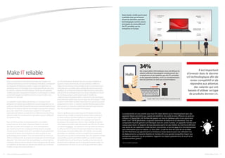 Design Premium
et résistant
Applications
intégrées
Ecran HD Connexion
stable
Système de sécurité
biométrique intégré
Processeur
puissant
Nouveaux
accessoires
Meilleure
autonomie
Dans un contexte d’incertitude économique, les budgets ont
continué de fondre au sein de nombreuses industries, contraignant
les dirigeants d’entreprise à justifier chaque euro dépensé. Les
investissements ont fait l’objet d’une étude approfondie dans tous
les services, notamment informatiques.Tandis que les appareils
mobiles puissants conquièrent l’entreprise, ils provoquent un débat
sur les technologies considérées comme un luxe et celles vues
comme une nécessité.
Les appareils mobiles fiables demeurent un must pour toute
entreprise. Les salariés qui se déplacent souvent s’appuient sur ces
outils, qui doivent être très performants, pour accéder aisément aux
fichiers de l’entreprise. Mais les technologies sous-jacentes requises
pour cela, notamment un processeur puissant et une grande
autonomie de batterie, occasionnent un dilemme pour les DSI qui
doivent justifier les investissements nécessaires tout en s’efforçant
de réduire les frais.
Pour un DSI, le principe du leasing peut être une solution
puisqu’il permet de se doter d’appareils fiables et d’investir
dans des nouvelles technologies, qui sinon nécessiteraient
des investissements très conséquents. Notre récente enquête
montre que le remplacement de PC portables est principalement
motivé par le besoin des entreprises de rester au goût du jour
technologiquement parlant.1
C’est vrai notamment en France où
55% du remplacement de ce parc est impulsé par une technologie
dépassée.1
Des informations de nos partenaires montrent qu’il est
important d‘investir dans le dernier cri technologique afin de rester
compétitif et de répondre aux attentes des salariés qui ont besoin
d’utiliser ce type de produits dernier cri.
Les DSI continueront d’investir dans de nouveaux matériels et
logiciels, mais ils seront de plus en plus amenés à réfléchir à
l’approche du leasing, à ses avantages et ses inconvénients pour
voir là elle aura une réelle valeur ajoutée afin de trouver le juste
équilibre. Les contrats de leasing ont déjà trouvé leur place dans
près de 25% des entreprises que nous avons sollicitées en France.1
De nombreux acteurs continueront avec le modèle du
« paiement pour le produit utilisé », mais est-il le plus avantageux
financièrement parlant pour tous les types de technologies ? Cette
question mérite d’être étudiée soigneusement, sachant qu’investir
progressivement dans un système capable d’évoluer peut s’avérer
bien souvent un choix plus viable financièrement que l’achat en
bloc de nouvelles technologies informatiques.
Cela ne signifie pas pour autant que les DSI doivent renoncer
totalement au modèle du leasing. Ils peuvent faire confiance à
la nature évolutive de l’informatique en conservant d’un côté
des technologies traditionnelles, et en adoptant de l’autre le
leasing pour des projets plus récents. Cette stratégie de gestion
informatique bimodale a déjà été adoptée par 45% des DSI, selon
une étude de Gartner,7
et la tendance n’est pas prête de s’inverser.
En effet, les DSI ont besoin d’investir ponctuellement dans des
technologies de pointe plébiscitées, afin d’attirer une nouvelle
génération de candidats comme le soulignent nos partenaires.
Nous pensons que des investissements dans des appareils mobiles
sont justifiés puisqu’ils permettent d’offrir aux salariés le degré
de fiabilité dont ils ont besoin pour travailler à tout moment, et
dureront plus longtemps que leurs équivalents grand public. Ces
investissements ont donc un sens car ils apportent de la valeur.
7
Gartner,“The Digital Humanist Manifesto”, nov. 2014
Hallo
Il est important
d‘investir dans le dernier
cri technologique afin de
rester compétitif et de
répondre aux attentes
des salariés qui ont
besoin d’utiliser ce type
de produits dernier cri.
des responsables informatiques nous ont dit que les
salariés sollicitent davantage le remplacement des
smartphones et des tablettes que des PC portables
et des appareils hybrides, car ils s’y connaissent plus
dans les premiers en tant que consommateurs.
34%
Notre étude a révélé que la casse
matérielle ainsi que le besoin
d’avoir les dernières avancées
technologiques sont les raisons
principales du renouvellement
des PC portables par les
entreprises en Europe.
1
Enquête « Make IT work » de Toshiba, réalisée en partenariat avec ICM
1
Enquête « Make IT work » de Toshiba, réalisée en partenariat avec ICM
La productivité est une priorité pour tout DSI, étant donné qu’un investissement dans des
appareils fiables permettra aux salariés de bénéficier des outils les plus efficaces où qu’ils les
utilisent. Le Tecra Z40-C de Toshiba fait gagner sur tous les tableaux grâce à son processeur
Intel® Core™ de 6e génération, sa grande autonomie de batterie et sa robustesse. Tous ses
composants haut de gamme sont fabriqués dans les usines Toshiba. Les appareils Toshiba sont
conçus pour durer, se targuent de taux de panne parmi les plus faibles du marché et affichent
une durée de vie supérieure à celle de leurs concurrents, ce qui est gage d’un fonctionnement
sans interruption pour les salariés. Le Tecra Z40-C a subi les tests de cycle de vie accéléré
du TÜV Rheinland, qui garantissent sa résistance à toute épreuve pour une utilisation lors
de déplacements. La Garantie fiabilité de Toshiba offre une grande tranquillité d’esprit aux
entreprises, puisqu’en cas de problème, l’appareil sera réparé gratuitement, et assorti d’un
remboursement gratuit.*
* Voir les modalités d’application
Make IT reliable
Toshiba | Make IT work 1514
 