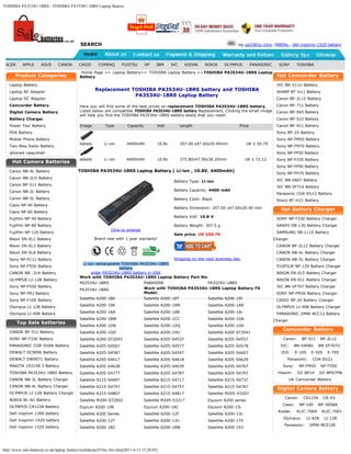 TOSHIBA PA3534U-1BRS - TOSHIBA PA3534U-1BRS Laptop Battery




                                             SEARCH                                                                                  eg:pa3383u-1brs, f4809a , dell inspiron 1520 battery




 ACER      APPLE      ASUS      CANON       CASIO        COMPAQ      FUJITSU        HP    IBM     JVC      KODAK   NOKIA     OLYMPUS         PANASONIC     SONY        TOSHIBA

                                              Home Page >> Laptop Battery>> TOSHIBA Laptop Battery >>TOSHIBA PA3534U-1BRS Laptop
       Product Categories                    Battery                                                                                                      Hot Camcorder Battery
   Laptop Battery                                                                                                                                         JVC BN-V11U Battery
   Laptop AC Adapter
                                                       Replacement TOSHIBA PA3534U-1BRS battery and TOSHIBA                                               SHARP BT-H11 Battery
                                                                    PA3534U-1BRS Laptop Battery
   Laptop DC Adapter                                                                                                                                      Canon BP-2L12 Battery
   Camcorder Battery                         Here you will find some of the best prices on replacement TOSHIBA PA3534U-1BRS battery,                      Canon BP-711 Battery
   Digital Camera Battery                    Listed below are compatible TOSHIBA PA3534U-1BRS battery Replacement, Clicking the small image               Canon BP-945 Battery
                                             will help you find the TOSHIBA PA3534U-1BRS battery easily that you need!
   Battery Charger                                                                                                                                        Canon BP-522 Battery
   Power Tool Battery                        Image          Type         Capacity         Volt           Length                      Price                Canon BP-911 Battery
   PDA Battery                                                                                                                                            Sony BP-2X Battery
   Mobile Phone Battery                                                                                                                                   Sony NP-FM50 Battery
                                             details       Li-ion       4400mAh           10.8v          207.00 x47.60x20.40mm            UK £ 50.79
   Two-Way Radio Battery                                                                                                                                  Sony NP-FM70 Battery
   iphone4 case/shell                                                                                                                                     Sony NP-FP50 Battery
                                             details       Li-ion       6600mAh           10.8v          275.80x47.90x38.20mm             UK £ 72.12      Sony NP-F330 Battery
     Hot Camera Batteries
                                                                                                                                                          Sony NP-FP90 Battery
   Canon NB-4L Battery                      TOSHIBA PA3534U-1BRS Laptop Battery ( Li-ion , 10.8V, 4400mAh)
                                                                                                                                                          Sony NP-FH70 Battery
   Canon NB-2LH Battery
                                                                                                   Battery Type: Li-ion                                   JVC BN-V607 Battery
   Canon BP-511 Battery
                                                                                                                                                          JVC BN-VF714 Battery
   Canon NB-2L Battery                                                                             Battery Capacity: 4400 mAh
                                                                                                                                                          Panasonic CGA-DU12 Battery
   Canon NB-5L Battery                                                                             Battery Color: Black                                   Sharp BT-H21 Battery
   Casio NP-40 Battery
                                                                                                   Battery Dimension: 207.00 x47.60x20.40 mm                Hot Battery Charger
   Casio NP-60 Battery
                                                                                                   Battery Volt: 10.8 V
   Fujifilm NP-40 Battery                                                                                                                                 SONY NP-F330 Battery Charger
   Fujifilm NP-80 Battery                                                                          Battery Weight: 307.5 g                                SANYO DB-L30 Battery Charger
                                                               Click to enlarge
   Fujifilm NP-120 Battery                                                                                                                                SAMSUNG SB-L110 Battery
                                                                                                   Sale price: UK £50.79
   Nikon EN-EL1 Battery                                Brand new with 1 year warranty!                                                                   Charger
   Nikon EN-EL3 Battery                                                                                                                                   CANON BP-2L12 Battery Charger
   Nikon EN-EL8 Battery                                                                                                                                   CANON NB-4L Battery Charger
   Sony NP-FC11 Battery                                                                            Shipping on the next business day                      CANON NB-5L Battery Charger
                                              Li-ion rechargeable TOSHIBA PA3534U-1BRS
   Sony NP-F550 Battery                                                                                                                                   FUJIFILM NP-120 Battery Charger
                                                                 battery
   CANON NB -2LH Battery                           order PA3534U-1BRS battery in USA                                                                      NIKON EN-EL5 Battery Charger
                                             Work with TOSHIBA PA3534U-1BRS Laptop Battery Part No:
   OLYMPUS LI-12B Battery                                                                                                                                 NIKON EN-EL1 Battery Charger
                                             PA3534U-1BRS                           PABAS098                 PA3535U-1BRS
   Sony NP-F550 Battery                                                             Work with TOSHIBA PA3534U-1BRS Laptop Battery Fit                     JVC BN-VF707 Battery Charger
                                             PA3534U-1BAS
   Sony NP-FR1 Battery                                                              Model:                                                                SONY NP-FM30 Battery Charger
   Sony NP-F100 Battery                      Satellite A200-180                     Satellite A200-18T               Satellite A200-19I                   CASIO NP-20 Battery Charger
   Olympus LI-12B Battery                    Satellite A200-19K                     Satellite A200-19M               Satellite A200-1A9                   OLYMPUS LI-40B Battery Charger
   Olympus LI-40B Battery                    Satellite A200-1AA                     Satellite A200-1AB               Satellite A200-1Ai                   PANASONIC DMW-BCC12 Battery
                                             Satellite A200-1BW                     Satellite A200-1CC               Satellite A200-1DA                  Charger
        Top Sale batteries
                                             Satellite A200-1DN                     Satellite A200-1DQ               Satellite A200-1G6
   CANON BP-511 Battery
                                                                                                                                                             Camcorder Battery
                                             Satellite A200-1GD                     Satellite A200-1HU               Satellite A200-ST2041
   SONY NP-F330 Battery                      Satellite A200-ST2043                  Satellite A205-S4537             Satellite A205-S4557                    Canon:      BP-511        BP-2L12
   PANASONIC CGR-DU06 Battery                Satellite A205-S4567                   Satellite A205-S4577             Satellite A205-S4578                   JVC:      BN-V408U     BN-VF707U
   DEWALT DC9096 Battery                     Satellite A205-S4587                   Satellite A205-S4597             Satellite A205-S4607                   IDX:      E-10S     E-50S     E-70S
   DEWALT DW9071 Battery                     Satellite A205-S4617                   Satellite A205-S4618             Satellite A205-S4629                       Panasonic:      CGA-DU21
   MAKITA 193158-3 Battery                   Satellite A205-S4638                   Satellite A205-S4639             Satellite A205-S4707                    Sony:      NP-FM50        NP-F550
   TOSHIBA PA3534U-1BRS Battery              Satellite A205-S4777                   Satellite A205-S4787             Satellite A205-S4797                  Hitachi:    DZ-BP14         DZ-BP07PW
   CANON NB-2L Battery Charger               Satellite A215-S4697                   Satellite A215-S4717             Satellite A215-S4737                          UK Camcorder Battery
   CANON NB-4L Battery Charger               Satellite A215-S4747                   Satellite A215-S4757             Satellite A215-S4767
                                                                                                                                                          Digital Camera Battery
   OLYMPUS LI-12B Battery Charger            Satellite A215-S4807                   Satellite A215-S4817             Satellite M205-S3207
                                                                                                                                                              Canon:      CR123A        CR-V3
   NOKIA BL-4U Battery                       Satellite M200-ST2002                  Satellite M205-S3217             Equium A200 series
                                                                                                                                                             Casio:     NP-100     NP-30DBA
   OLYMPUS CR123A Battery                    Equium A200-196                        Equium A200-1AC                  Equium A200-15i
                                                                                                                                                           Kodak:      KLIC-7004       KLIC-7001
   Dell inspiron 1300 battery                Satellite A200 Series                  Satellite A200-12F               Satellite A200-13L
                                                                                                                                                             Olympus:         LI-42B    LI-12B
   Dell Inspiron 1420 battery                Satellite A200-13T                     Satellite A200-13U               Satellite A200-17X
                                                                                                                                                              Panasonic:       DMW-BCE10E
   Dell inspiron 1520 battery                Satellite A200-182                     Satellite A200-18W               Satellite A200-193




http://www.sale-batteries.co.uk/laptop_battery/toshiba/pa3534u-1brs.htm[2011-4-13 15:20:05]
 