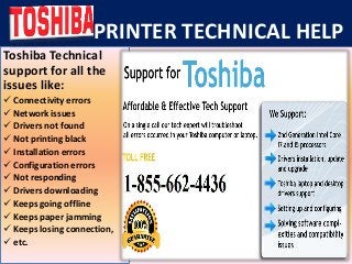 PRINTER TECHNICAL HELP
Toshiba Technical
support for all the
issues like:
 Connectivity errors
 Network issues
 Drivers not found
 Not printing black
 Installation errors
 Configuration errors
 Not responding
 Drivers downloading
 Keeps going offline
 Keeps paper jamming
 Keeps losing connection,
 etc.
 