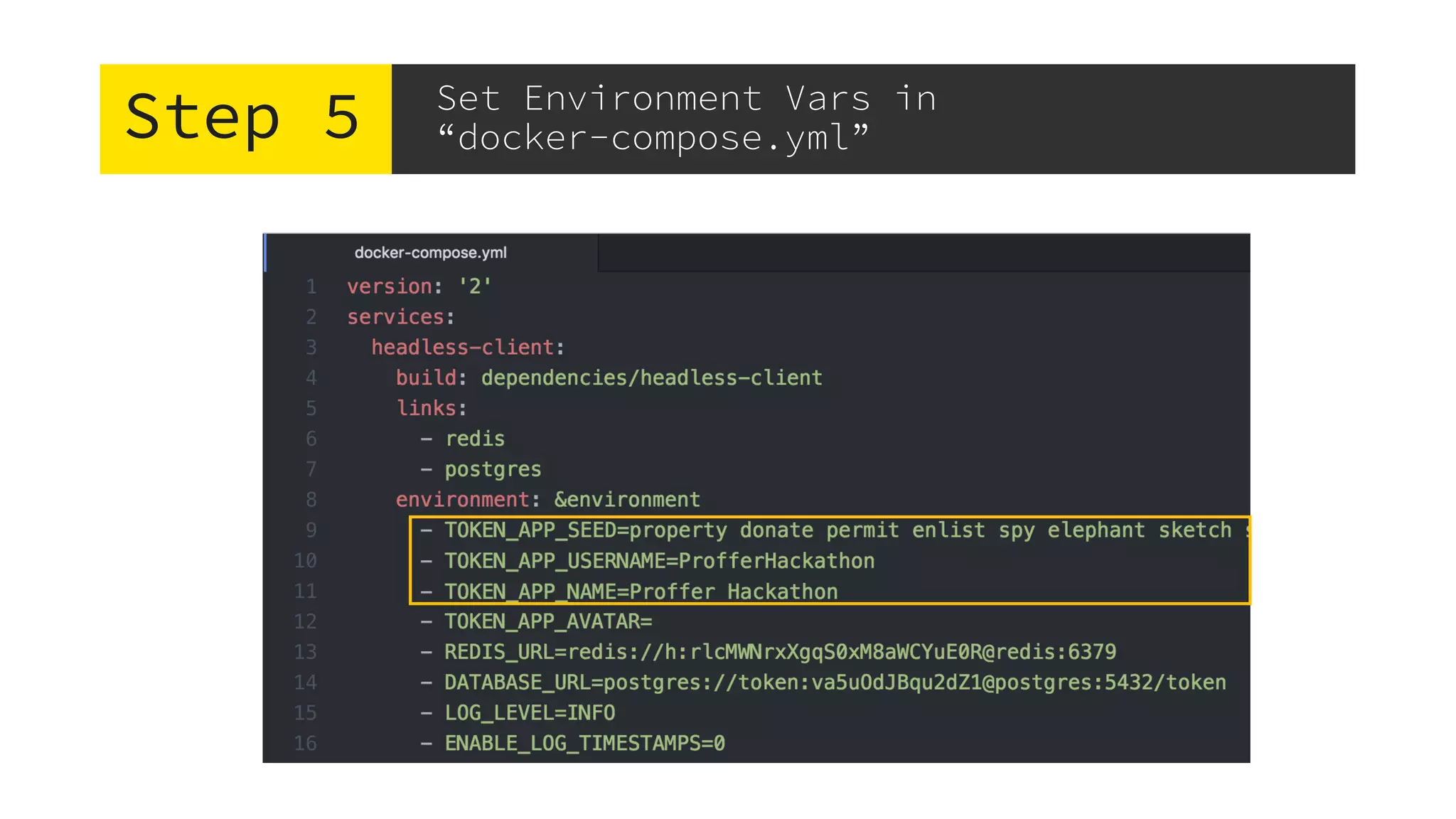 Step 5 Set Environment Vars in
“docker-compose.yml”
 