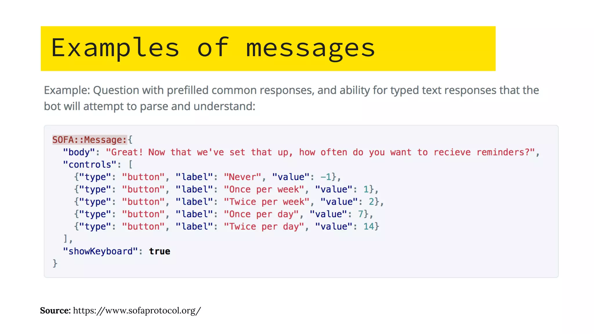 Examples of messages
Source: https://www.sofaprotocol.org/
 