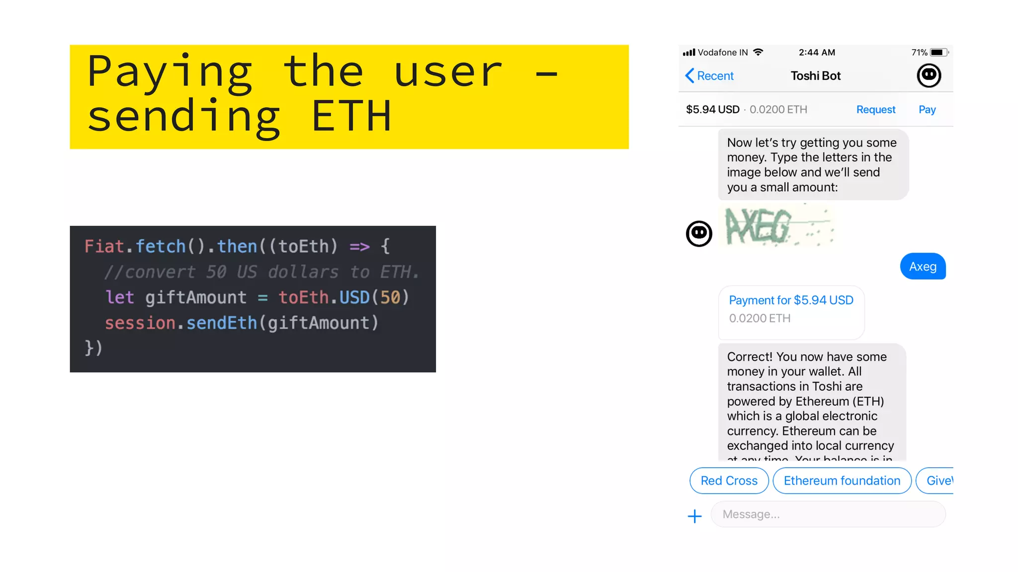 Paying the user –
sending ETH
 