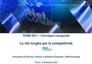 TOSM 2011 – Convegno inaugurale

       Le reti lunghe per la competitività


Annamaria Di Ruscio, Partner e Direttore Generale - NetConsulting

                     Torino, 16 Novembre 2011
 
