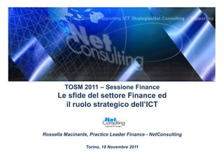 TOSM 2011 – Sessione Finance
      Le sfide del settore Finance ed
        il ruolo strategico dell’ICT


Rossella Macinante, Practice Leader Finance - NetConsulting

                  Torino, 18 Novembre 2011
 