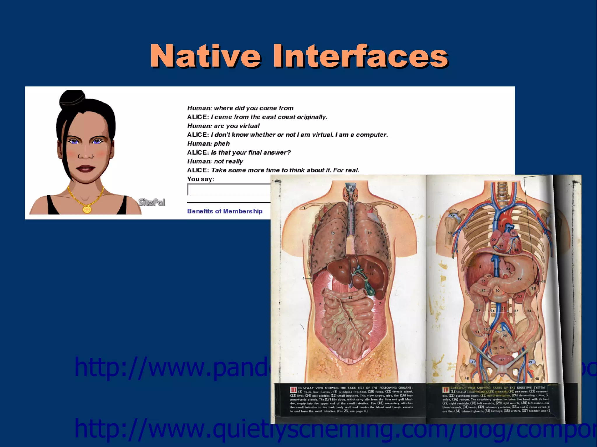Native Interfaces




http://www.pandorabots.com/pandora/talk?bo

http://www.quietlyscheming.com/blog/compon
 