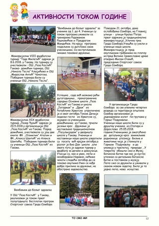 12
_____________________________________________________________________________________________
ТО СМО МИ
Меморијални VIII фудбалски
турнир “Тоде Милетић“ одржан је
8.6.2018. у Гакову. На турниру су
учествовали : ОШ „Лаза Костић“
Гаково- домаћин турнира, ОШ
„Никола Тесла“ Кљајићево и ОШ
„Мирослав Антић“ Чонопља.
Победник турнира били су
ученици ОШ „Никола Тесла“.
Меморијални XIX фудбалски
турнир „Лазар Ђукић“ одржан је
20.5.2018.у организацији ОШ
„Лаза Костић“ из Гакова. Поред
домаћина, учествовале су још две
екипе :ФК „Олимпик“ Апатин и
ФК „Алекса Шантић“ из Алексе
Шантића. Победник турнира били
су ученици ОШ „Лаза Костић“ из
Гакова.
Вежбањем до бољег здравља
У ОШ "Лаза Костић" у Гакову,
реализован је током првог
полугодишта бесплатан програм
Спортског савеза Града Сомбора
"Вежбањем до бољег здравља" за
ученике од 1. до 4. Ученици су
током програма уживали са
тренерима Радованом
Рашковићем и Предрагом
Мандићем. На крају програма
подељене су диплома свим
учесницима. Са нестрпљењем
чекамо поновно дружење.
Успешна , сада већ можемо рећи
дугогодишња , прекогранична
сарадња Основне школе „Лаза
Костић“ из Гакова и школа
„Јагодњак“ и „Драж“ из
Републике Хрватске уприличена
је и овог октобра.Током Дечије
недеље гости из Хрватске су,
заједно са ученицима
домаћинима из Гакова, трчали
јесењи крос . Дружење је
настављено традиционалном
„Пасуљијадом“ у дворишту
школе у Гакову. Ученици и
наставници наше школе узвратили
су посету већ крајем октобра,а
разлог је био Дан школе ,али
овога пута је одржан турнир у
фудбалу за дечаке и девојчице.
Утисци су, као и увек, лепи и
незаборавни.Наравно, нећемо
чекати следећи октобар да се
поново окупимо.Увек се нађе
добра прилика за дружење, на
обострано задовољство.
Поводом 21. октобра, дана
ослобођења Сомбора, на Главној
улици - улици Краља Петра
првог одржана је традиционална
манифестација „Улична трка
Града Сомбора.Учешће су узели и
ученици наше школе.
Манифестацију је пред
окупљеним грађанима на платоу
испред Велике православне цркве
отворио Милан Стакић,
председник Спортског савеза
Града Сомбора.
У организацији Града
Сомбора за све ученике четвртих
разреда са територије општине
Сомбор организован је
једнодневни излет по групама у
Горње Подунавље .
Ученици наше школе били су у
друштву ученика из Стапара и
Дорослова 25.05.2018.
године.Ученицима је омогућено
да детаљније кроз занимљиве
радионице упознају биљке и
животиње чије је станиште у
Горњем Подунављу и да
уживају у прелепој природи ...У
повратку обишли смо и Музеј
Батинске битке где нас је кустос
упознао са детаљима Батинске
битке и поставком у музеју.
Лепо смо се дружили и уживали у
сваком новом задатку. Било је то
једно лепо, ново искуство.
АКТИВНОСТИ ТОКОМ ГОДИНЕ
 