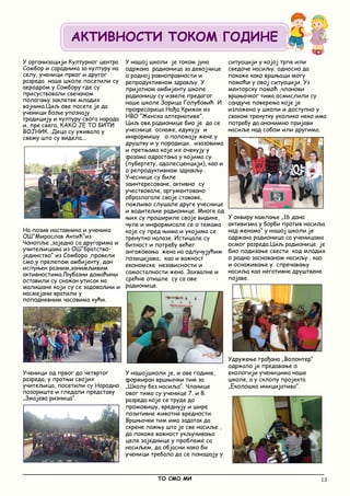 13
_____________________________________________________________________________________________
ТО СМО МИ
У организацији Културног центра
Сомбор и сарадника за културу на
селу, ученици првог и другог
разреда наше школе посетили су
аеродром у Сомбору где су
присуствовали свечаном
полагању заклетве младих
војника.Циљ ове посете је да
ученици боље упознају
традицију и културу свога народа
и, пре свега, КАКО ЈЕ ТО БИТИ
ВОЈНИК...Деца су уживала у
свему што су видела...
На позив наставника и ученика
ОШ“Мирослав Антић“из
Чонопље ,заједно са другарима и
учитељицама из ОШ“Братство-
јединство“ из Сомбора ,провели
смо,у прелепом амбијенту, дан
испуњен разним,занимљивим
активностима.Љубазни домаћини
оставили су снажан утисак на
малишане који су се задовољни и
насмејани вратили у
поподневним часовима кући.
Ученици од првог до четвртог
разреда, у пратњи својих
учитељица, посетили су Народно
позориште и гледали представу
„Змајева ризница“.
У нашој школи је током јуна
одржана радионица за девојчице
о родној равноправности и
репродуктивном здрављу. У
пријатном амбијенту школе
радионицу су извеле предагог
наше школе Зорица Голубовић И
професорица Нађа Крижак из
НВО “Женска алтернативе”.
Циљ ове радионице био је да се
учеснице оснаже, едукују и
информишу о положају жене у
друштву и у породици, изазовима
и претњама које их очекују у
фазама одрастања у којима су
(пубертету, адолесценцији), као и
о репродуктивном здрављу .
Учеснице су биле
заинтересоване, активно су
учествовале, аргументовано
образлагале своје ставове,
пажљиво слушале друге учеснице
и водитељке радионице. Многе од
њих су прошириле своје видике,
чуле и информисале се о темама
које су пред њима и укојима се
тренутно налазе. Истицале су
битност и потребу већег
ангажовања жена на одлучујућим
позицијама, као и важност
економске независности и
самосталности жена. Захвалне и
срећне отишле су са ове
радионице.
У нашојшколи је, и ове године,
формиран вршњачки тим за
„Школу без насиља“. Чланице
овог тима су ученице 7. и 8.
разреда које се труде да
промовишу, вреднују и шире
позитивне животне вредности.
Вршњачки тим има задатак да
скрене пажњу шта је све насиље ,
да покаже важност укључивања
целе заједнице у проблеме са
насиљем, да објасни како би
ученици требало да се понашају у
ситуацији у којој трпе или
сведоче насиљу; односно да
покаже како вршњаци могу
помоћи у овој ситуацији. Уз
менторску помоћ ,чланови
вршњачког тима осмислили су
сандуче поверења које је
изложено у школи и доступно у
сваком тренутку уколико неко има
потребу да анонимно пријави
насиље над собом или другима.
У оквиру кампање „16 дана
активизма у борби против насиља
над женама“ у нашој школи је
одржана радионица са ученицама
осмог разреда.Циљ радионице је
био подизање свести код младих
о родно заснованом насиљу , као
и оснаживање у спречавању
насиља као негативне друштвене
појаве.
Удружење грађана „Волонтер“
одржало је предавање о
екологији ученицима наше
школе, а у склопу пројекта
„Еколошка иницијатива“.
АКТИВНОСТИ ТОКОМ ГОДИНЕ
 