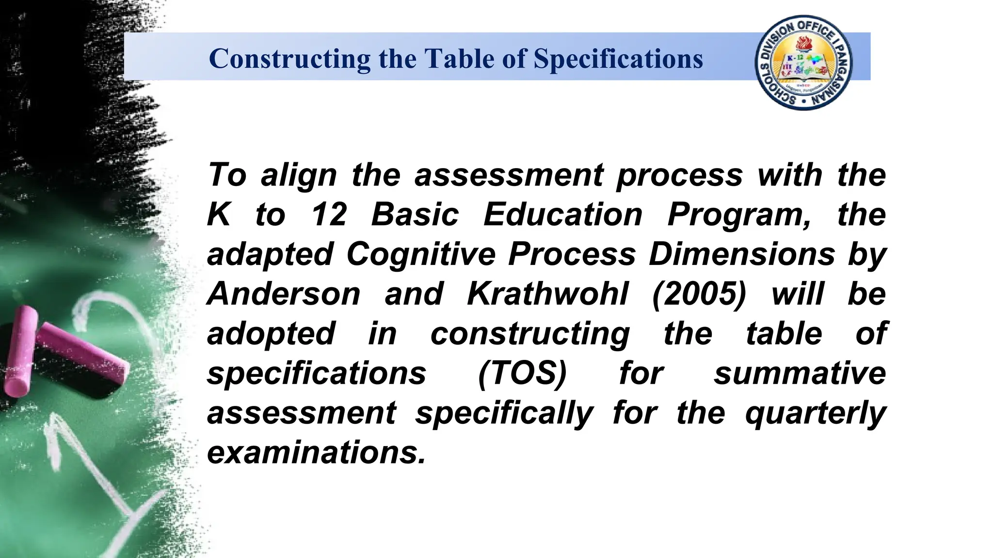 Constructing the Table of Specifications
To align the assessment process with the
K to 12 Basic Education Program, the
adapted Cognitive Process Dimensions by
Anderson and Krathwohl (2005) will be
adopted in constructing the table of
specifications (TOS) for summative
assessment specifically for the quarterly
examinations.
 