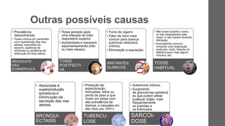 Outras possíveis causas
• Prevalência
desconhecida.
• Tosse crônica em pacientes
com hipertensão das vias
aéreas, eosinofilia do
escarro, ausência de
sintomas ou evidência de
obstrução do fluxo aéreo.
BRONQUITE
NÃO
EOSINÓFILICA
• Tosse persiste após
uma infecção do trato
respiratório superior.
• Autolimitada e resolverá
espontaneamente (três
ou mais meses).
TOSSE
POSTFECTI-
VA
• Fumo do cigarro
• Fator de risco mais
comum para doença
pulmonar obstrutiva
crônica.
• Eliminação a exposição
IRRITANTES
QUÍMICOS
• Não tosse durante o sono,
no são despertados pela
tosse, e não tossem durante
distração.
• Acionadores comuns:
tomando uma respiração
profunda; rindo; falando ao
telefone para mais alguns
minutos, etc.
TOSSE
HABITUAL
• Associada à
superprodução
excessiva e
Diminuição da
secreção das vias
aéreas.
BRONQUI-
ECTASIS
• Produção de
expectoração,
hemoptise, febre ou
perda de peso e que
vivem em áreas com
alta prevalência da
doença, e naqueles em
alto risco (ex, HIV+)
TUBERCU-
LOSE
• Autoimune crônica.
• Surgimento
de granulomas epitelioid
es que podem afetar
qualquer órgão, mais
frequentemente
os pulmões e
os linfonodos.
SARCOI-
DOSE
 