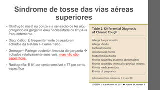 Síndrome de tosse das vias aéreas
superiores
• Obstrução nasal ou coriza e a sensação de ter algo
gotejando na garganta e/ou necessidade de limpá-la
frequentemente.
• Diagnóstico: É frequentemente baseado em
achados da história e exame físico.
• Drenagem Faringe posterior, limpeza da garganta 
achados relativamente sensíveis, mas não são
específicos.
• Radiografia: É 84 por cento sensível e 77 por cento
específico
Radiografia de tórax – Um guia prático
JOSEPH J. et al October 15, 2011 ◆ Volume 84, Number 8
 