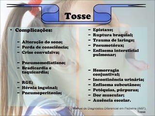 Tosse
• Complicações:                        –   Epistaxe;
                                       –   Ruptura braquial;
  – Alteração do sono;                 –   Trauma de laringe;
  – Perda de consciência;              –   Pneumotórax;
  – Crise convulsiva;                  –   Enfisema intersticial
                                           pulmonar;
  – Pneumomediatisno;
  – Bradicardia e
    taquicardia;                       – Hemorragia
                                         conjuntival;
                                       – Incontinência urinária;
  – RGE;
                                       – Enfisema subcutâneo;
  – Hérnia inguinal;
                                       – Petéquias, púrpuras;
  – Pneumoperitonio;
                                       – Dor muscular;
                                       – Ausência escolar.
                            Manual de Diagnóstico Diferencial em Pediatria (IMIP)
                                                                           Tosse
 