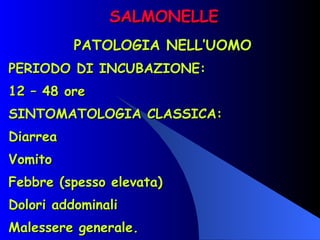 SALMONELLE PATOLOGIA NELL’UOMO PERIODO DI INCUBAZIONE: 12 – 48 ore SINTOMATOLOGIA CLASSICA: Diarrea Vomito Febbre (spesso elevata) Dolori addominali Malessere generale. 