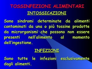 TOSSINFEZIONI ALIMENTARI INTOSSICAZIONI Sono sindromi determinate da alimenti contaminati da una o più tossine prodotte da microrganismi che possono non essere presenti nell’alimento al momento dell’ingestione. INFEZIONI Sono tutte le infezioni esclusivamente dagli alimenti. 