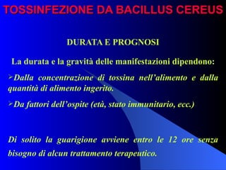 TOSSINFEZIONE DA BACILLUS CEREUS DURATA E PROGNOSI La durata e la gravità delle manifestazioni dipendono: Dalla concentrazione di tossina nell’alimento e dalla quantità di alimento ingerito. Da fattori dell’ospite (età, stato immunitario, ecc.)   Di solito la guarigione avviene entro le 12 ore senza bisogno di alcun trattamento terapeutico.   