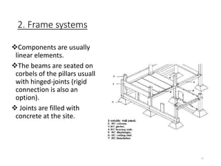 2. Frame systems
Components are usually
linear elements.
The beams are seated on
corbels of the pillars usually
with hinged-joints (rigid
connection is also an
option).
 Joints are filled with
concrete at the site.
13
 