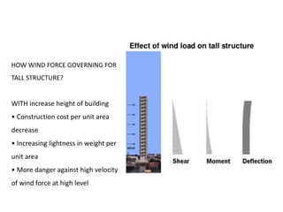 HOW WIND FORCE GOVERNING FOR
TALL STRUCTURE?
WITH increase height of building
• Construction cost per unit area
decrease
• Increasing lightness in weight per
unit area
• More danger against high velocity
of wind force at high level
 