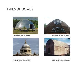 TYPES OF DOMES
SPHERICAL DOMES TRIANGULAR DOME
CYLINDERICAL DOME RECTANGULAR DOME
 