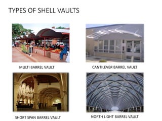 TYPES OF SHELL VAULTS
MULTI BARREL VAULT CANTILEVER BARREL VAULT
SHORT SPAN BARREL VAULT NORTH LIGHT BARREL VAULT
 