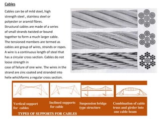 Cables can be of mild steel, high
strength steel , stainless steel or
polyester or aramid fibres.
Structural cables are made of a series
of small strands twisted or bound
together to form a much larger cable.
The tensioned members are termed as
cables are group of wires, strands or ropes.
A wire is a continuous length of steel that
has a circular cross section. Cables do not
loose strength in
case of failure of one wire. The wires in the
strand are zinc coated and stranded into
helix whichforms a regular cross section.
Cables
 