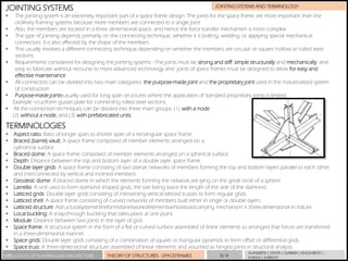 MBS SCHOOL OF PLANNING AND ARCHITECTURE THEORY OF STRUCTURES - SPACEFRAMES IV A
ALANKRITA | DIVYA | GARIMA | KHUSHBOO |
SHASHI | SHRISHTI
JOINTING SYSTEMS AND TERMINOLOGY
JOINTING SYSTEMS
• The jointing system is an extremely important part of a space frame design. The joints for the space frame are more important than the
ordinary framing systems because more members are connected to a single joint
• Also, the members are located in a three dimensional space, and hence the force transfer mechanism is more complex
• The type of jointing depends primarily on the connecting technique, whether it is bolting, welding, or applying special mechanical
connectors. It is also affected by the shape of the members.
• This usually involves a different connecting technique depending on whether the members are circular or square hollow or rolled steel
sections.
• Requirements considered for designing the jointing systems :-The joints must be strong and stiff, simple structurally and mechanically, and
easy to fabricate without recourse to more advanced technology and joints of space frames must be designed to allow for easy and
effective maintenance
• All connectors can be divided into two main categories: the purpose-made joint and the proprietary joint used in the industrialized system
of construction
• Purpose-made joints-usually used for long span structures where the application of standard proprietary joints is limited.
Example -cruciform gusset plate for connecting rolled steel sections.
• All the connection techniques can be divided into three main groups: (1) with a node
(2) without a node, and (3) with prefabricated units.
TERMINOLOGIES
• Aspect ratio: Ratio of longer span to shorter span of a rectangular space frame.
• Braced (barrel) vault: A space frame composed of member elements arranged on a
cylindrical surface.
• Braced dome: A space frame composed of member elements arranged on a spherical surface.
• Depth: Distance between the top and bottom layer of a double layer space frame.
• Double layer grids: A space frame consisting of two planar networks of members forming the top and bottom layers parallel to each other
and interconnected by vertical and inclined members.
• Geodesic dome: A braced dome in which the elements forming the network are lying on the great circle of a sphere.
• Lamella: A unit used to form diamond shaped grids, the size being twice the length of the side of the diamond.
• Latticed grids: Double layer grids consisting of intersecting vertical latticed trusses to form regular grids.
• Latticed shell: A space frame consisting of curved networks of members built either in single or double layers.
• Latticed structure: Astructuralsystemintheformofanetworkofelementswhoseload-carrying mechanism is three-dimensional in nature.
• Local buckling: A snap-through buckling that takes place at one point.
• Module: Distance between two joints in the layer of grid.
• Space frame: A structural system in the form of a flat or curved surface assembled of linear elements so arranged that forces are transferred
in a three-dimensional manner.
• Space grids: Double layer grids consisting of a combination of square or triangular pyramids to form offset or differential grids.
• Space truss: A three-dimensional structure assembled of linear elements and assumed as hinged joints in structural analysis.
 