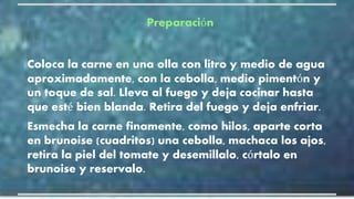 Preparación
Coloca la carne en una olla con litro y medio de agua
aproximadamente, con la cebolla, medio pimentón y
un toque de sal. Lleva al fuego y deja cocinar hasta
que esté bien blanda. Retira del fuego y deja enfriar.
Esmecha la carne finamente, como hilos, aparte corta
en brunoise (cuadritos) una cebolla, machaca los ajos,
retira la piel del tomate y desemillalo, córtalo en
brunoise y reservalo.
 
