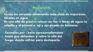 Preparación:
Escoje las caraotas eliminando toda clase de impurezas,
lavalas en agua.
En una olla de presión coloca con las 10 tazas de agua, la
cebolla y el pimentón, aji y ajo picado en brunoise.
Cocinalos por 1 hora aproximadamente
hasta que ablanden, y retira la olla del
fuego, dejala enfriar para destaparla.
 