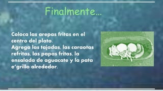 Finalmente…
Coloca las arepas fritas en el
centro del plato.
Agrega las tajadas, las caraotas
refritas, las papas fritas, la
ensalada de aguacate y la pata
e’grillo alrededor.
 