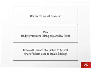 Rev (later Cool.io), Revactor




                   Reia
(Ruby syntax over Erlang, replaced by Elixir)



 Celluloid (Threads abstraction to Actors)
  (Mark Perham used to create Sidekiq)
 