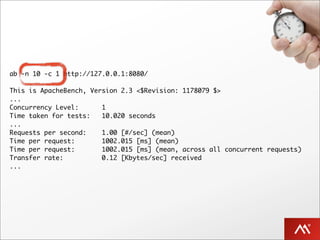 ab -n 10 -c 1 http://127.0.0.1:8080/

This is ApacheBench, Version 2.3 <$Revision: 1178079 $>
...
Concurrency Level:      1
Time taken for tests:   10.020 seconds
...
Requests per second:    1.00 [#/sec] (mean)
Time per request:       1002.015 [ms] (mean)
Time per request:       1002.015 [ms] (mean, across all concurrent requests)
Transfer rate:          0.12 [Kbytes/sec] received
...
 