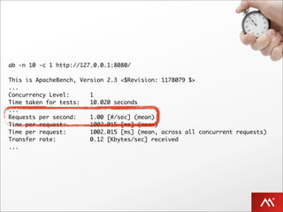 ab -n 10 -c 1 http://127.0.0.1:8080/

This is ApacheBench, Version 2.3 <$Revision: 1178079 $>
...
Concurrency Level:      1
Time taken for tests:   10.020 seconds
...
Requests per second:    1.00 [#/sec] (mean)
Time per request:       1002.015 [ms] (mean)
Time per request:       1002.015 [ms] (mean, across all concurrent requests)
Transfer rate:          0.12 [Kbytes/sec] received
...
 