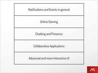 Notiﬁcations and Events in general


         Online Gaming


     Chatting and Presence


    Collaborative Applications


Advanced and more Interactive UI
 