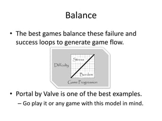 BalanceThe best games balance these failure and success loops to generate game flow.Portal by Valve is one of the best examples. Go play it or any game with this model in mind.
