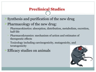Preclinical Studies
Synthesis and purification of the new drug
Pharmacology of the new drug:
 Pharmacokinetics: absorption, distribution, metabolism, excretion,
half-life
 Pharmacodynamics: mechanism of action and estimates of
therapeutic effects
 Toxicology including carcinogenicity, mutagenicity, and
teratogenicity
Efficacy studies on animals
 