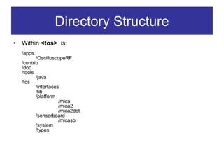 Directory Structure
•   Within <tos> is:
    /apps
           /OscilloscopeRF
    /contrib
    /doc
    /tools
           /java
    /tos
           /interfaces
           /lib
           /platform
                      /mica
                      /mica2
                      /mica2dot
           /sensorboard
                      /micasb
           /system
           /types
 