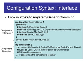 Configuration Syntax: Interface
   • Look in <tos>/tos/system/GenericComm.nc
             configuration GenericComm {
               provides {
                 interface StdControl as Control;
Component        interface SendMsg[uint8_t id]; //parameterized by active message id
 Interface       interface ReceiveMsg[uint8_t id];
                 command uint16_t activity();
               }
               uses { event result_t sendDone();}
             }
             implementation {
               components AMStandard, RadioCRCPacket as RadioPacket, TimerC,
Component
                 NoLeds as Leds, UARTFramedPacket as UARTPacket,
 Selection
                 HPLPowerManagementM;
               … // code wiring the components together
             }
 