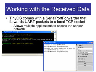 Working with the Received Data
• TinyOS comes with a SerialPortForwarder that
  forwards UART packets to a local TCP socket
  – Allows multiple applications to access the sensor
    network
 