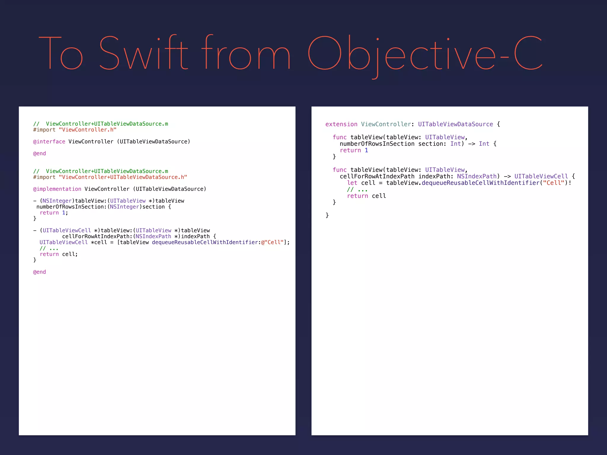 To Swift from Objective-C
// ViewController+UITableViewDataSource.m
#import "ViewController.h"
@interface ViewController (UITableViewDataSource)
@end
// ViewController+UITableViewDataSource.m
#import "ViewController+UITableViewDataSource.h"
@implementation ViewController (UITableViewDataSource)
- (NSInteger)tableView:(UITableView *)tableView
numberOfRowsInSection:(NSInteger)section {
return 1;
}
- (UITableViewCell *)tableView:(UITableView *)tableView
cellForRowAtIndexPath:(NSIndexPath *)indexPath {
UITableViewCell *cell = [tableView dequeueReusableCellWithIdentifier:@"Cell"];
// ...
return cell;
}
@end
extension ViewController: UITableViewDataSource {
func tableView(tableView: UITableView,
numberOfRowsInSection section: Int) -> Int {
return 1
}
func tableView(tableView: UITableView,
cellForRowAtIndexPath indexPath: NSIndexPath) -> UITableViewCell {
let cell = tableView.dequeueReusableCellWithIdentifier("Cell")!
// ...
return cell
}
}
 