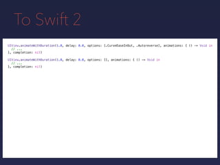 To Swift 2
UIView.animateWithDuration(1.0, delay: 0.0, options: [.CurveEaseInOut, .Autoreverse], animations: { () -> Void in
// ...
}, completion: nil)
UIView.animateWithDuration(1.0, delay: 0.0, options: [], animations: { () -> Void in
// ...
}, completion: nil)
 
