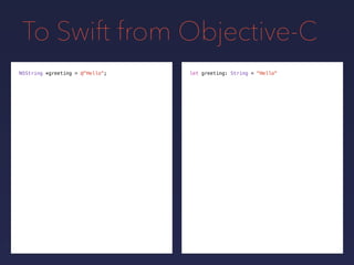 To Swift from Objective-C
NSString *greeting = @"Hello"; let greeting: String = "Hello"
 