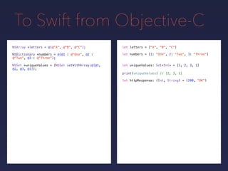 To Swift from Objective-C
NSDictionary *numbers = @{@1 : @"One", @2 :
@"Two", @3 : @"Three"};
NSSet *uniqueValues = [NSSet setWithArray:@[@1,
@2, @3, @1]];
print(uniqueValues) // [2, 3, 1]
NSArray *letters = @[@"A", @"B", @"C"];
let uniqueValues: Set<Int> = [1, 2, 3, 1]
let letters = ["A", "B", "C"]
let numbers = [1: "One", 2: "Two", 3: "Three"]
let httpResponse: (Int, String) = (200, "OK")
 