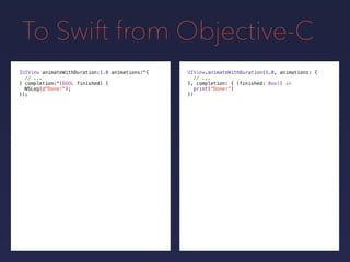 To Swift from Objective-C
UIView.animateWithDuration(1.0, animations: {
// ...
}, completion: {
print("Done!")
})
[UIView animateWithDuration:1.0 animations:^{
// ...
} completion:^(BOOL finished) {
NSLog(@"Done!");
}];
(finished: Bool) in
 