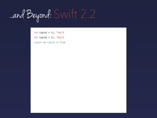 func doSomethingWith(int: Int) {
// ...
}
func doSomethingWith(string: String) {
// ...
}
...and Beyond: Swift 2.2
let doe...