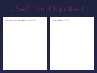 To Swift from Objective-C
NSMutableString *greeting = @"Hello"; var greeting = "Hello"
 