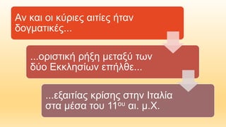 Αν και οι κύριες αιτίες ήταν
δογματικές...
...οριστική ρήξη μεταξύ των
δύο Εκκλησίων επήλθε...
...εξαιτίας κρίσης στην Ιταλία
στα μέσα του 11ου αι. μ.Χ.
 