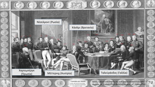 Μέττερνιχ (Αυστρία)
Νέσελροντ (Ρωσία)
Ταλεϋράνδος (Γαλλία)
Χαρτεμπέργκ
(Πρωσία)
https://upload.wikimedia.org/wikipedia/commons/thumb/1/17/C
ongress_of_Vienna.PNG/800px-Congress_of_Vienna.PNG
Κάσλρι (Βρετανία)
 